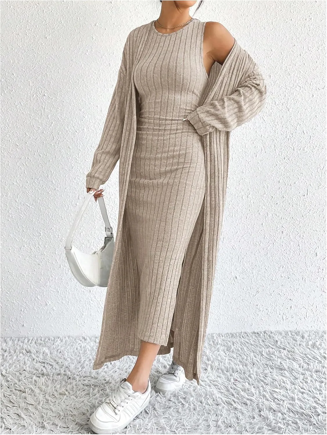 SOLY HUX Women's Casual Ribbed Knit Outfit 2 Piece Bodycon Tank Dress and Long Sleeve Long Cardigan Spring Fall Clothes