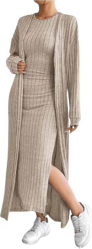 SOLY HUX Women's Casual Ribbed Knit Outfit 2 Piece Bodycon Tank Dress and Long Sleeve Long Cardigan Spring Fall Clothes