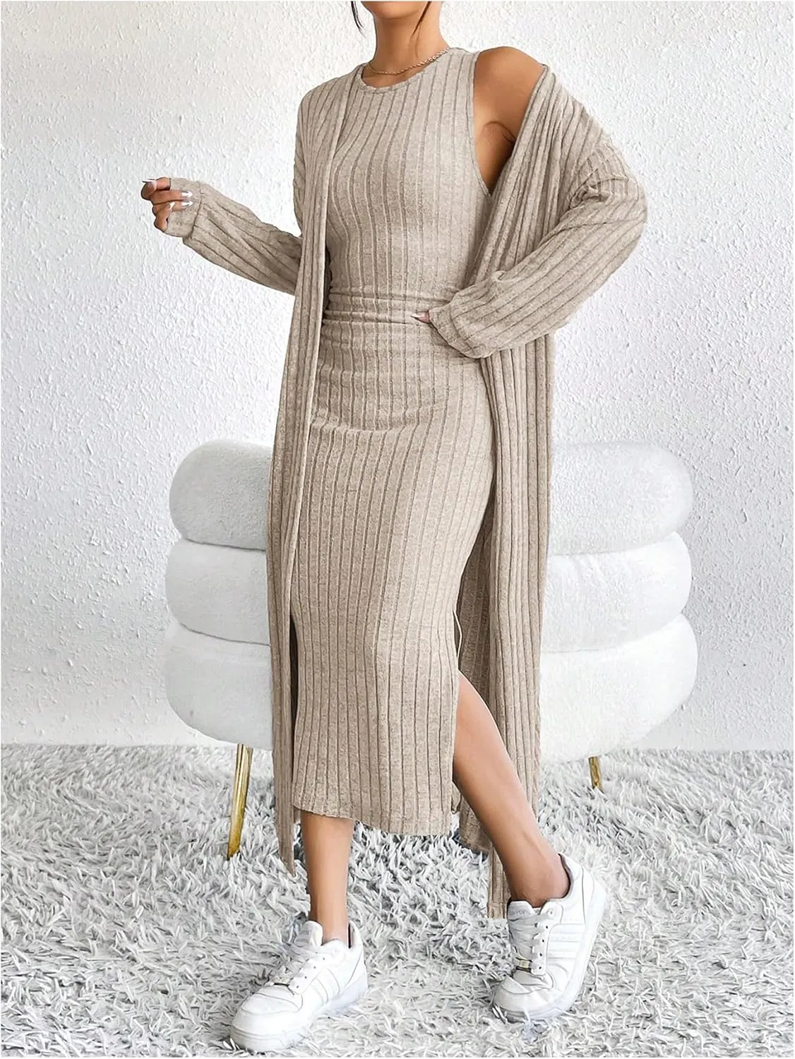 SOLY HUX Women's Casual Ribbed Knit Outfit 2 Piece Bodycon Tank Dress and Long Sleeve Long Cardigan Spring Fall Clothes