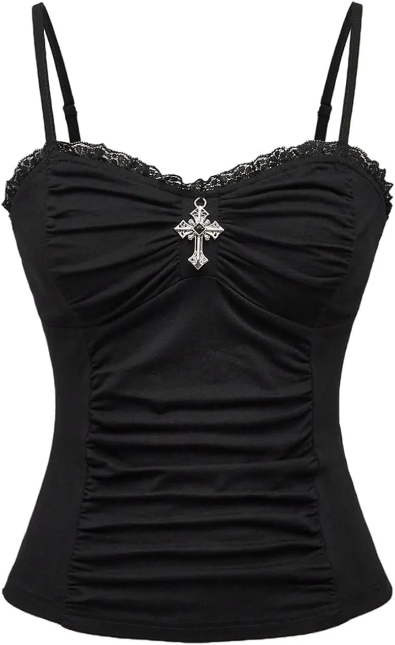 SOLY HUX Women's Gothic Camisole Lace Trim Ruched Spaghetti Strap Fitted Cami Crop Tops Rave Outfits