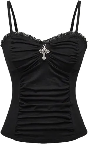 SOLY HUX Women's Gothic Camisole Lace Trim Ruched Spaghetti Strap Fitted Cami Crop Tops Rave Outfits