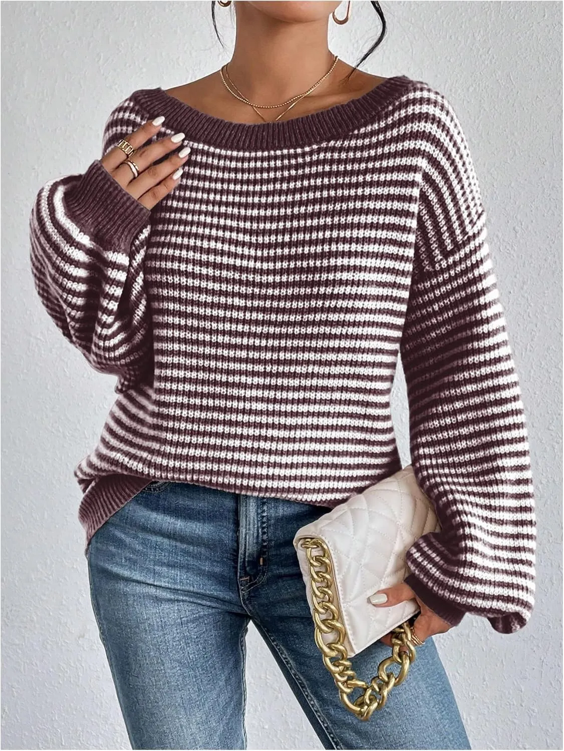 SOLY HUX Women's Off The Shoulder Striped Sweaters Oversized Long Sleeve Knit Pullover Tops