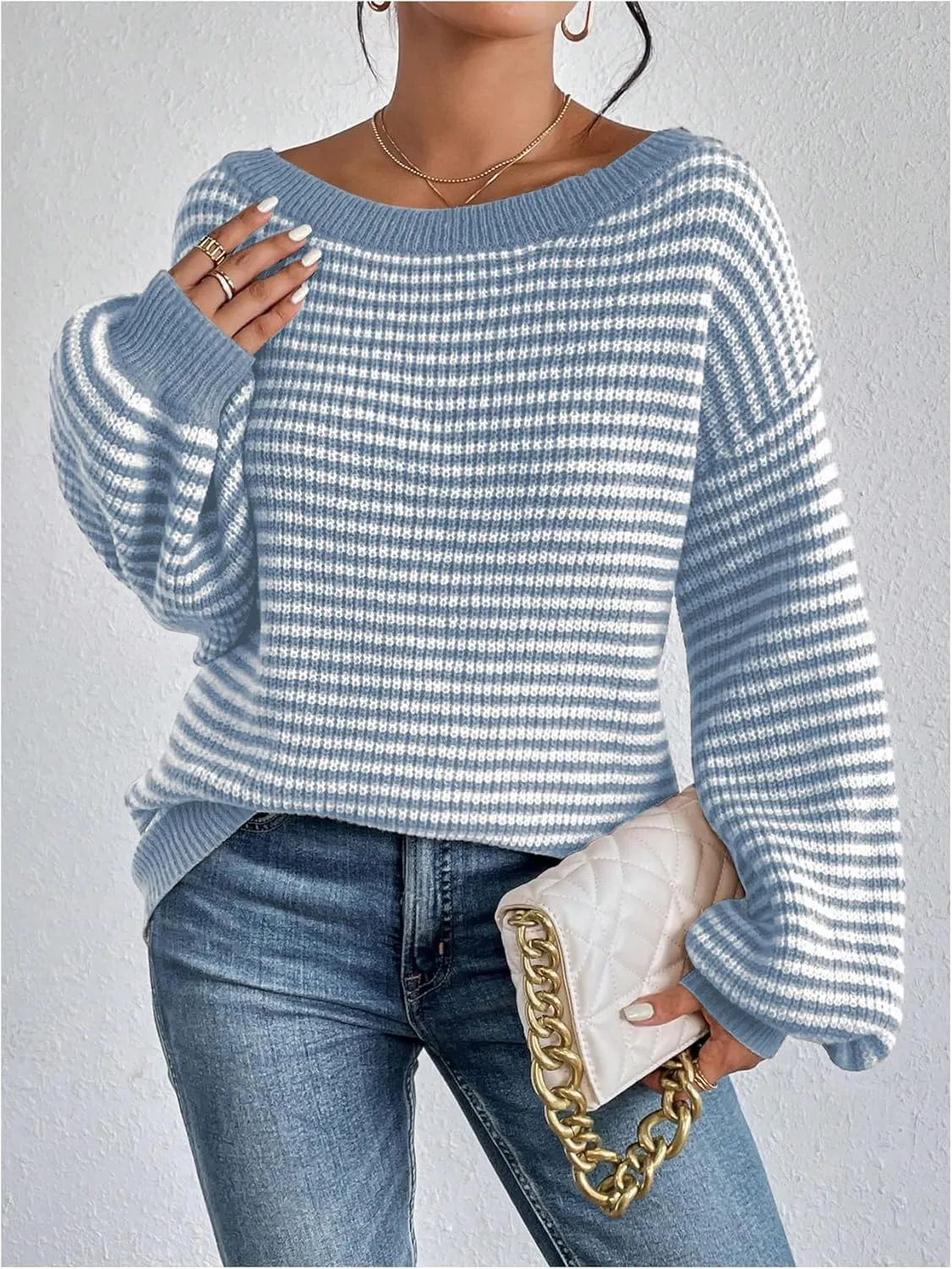 SOLY HUX Women's Off The Shoulder Striped Sweaters Oversized Long Sleeve Knit Pullover Tops