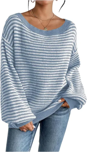 SOLY HUX Women's Off The Shoulder Striped Sweaters Oversized Long Sleeve Knit Pullover Tops