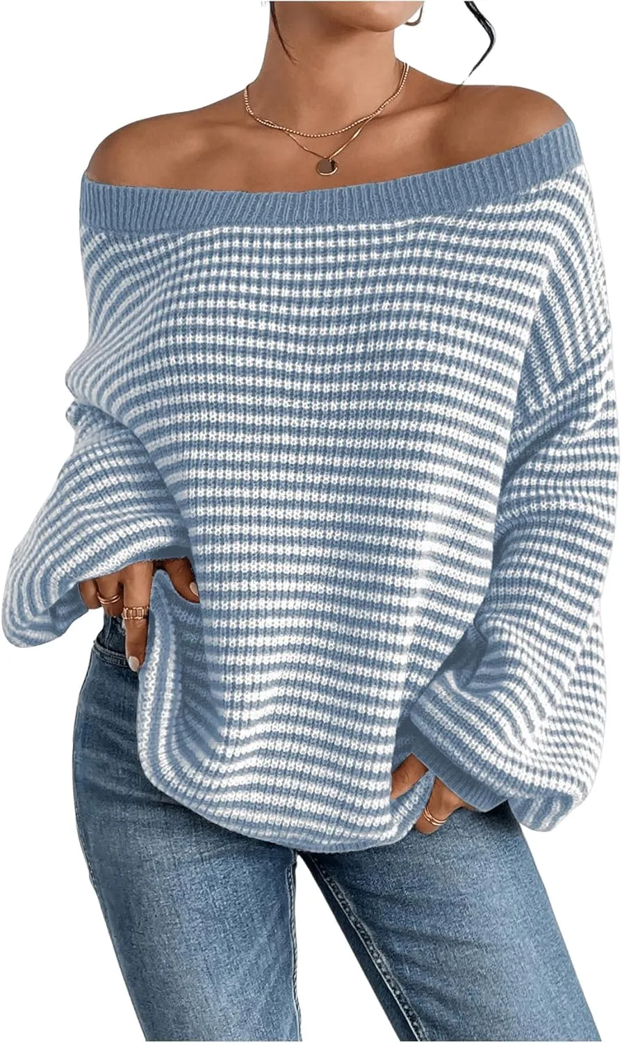 SOLY HUX Women's Off The Shoulder Striped Sweaters Oversized Long Sleeve Knit Pullover Tops