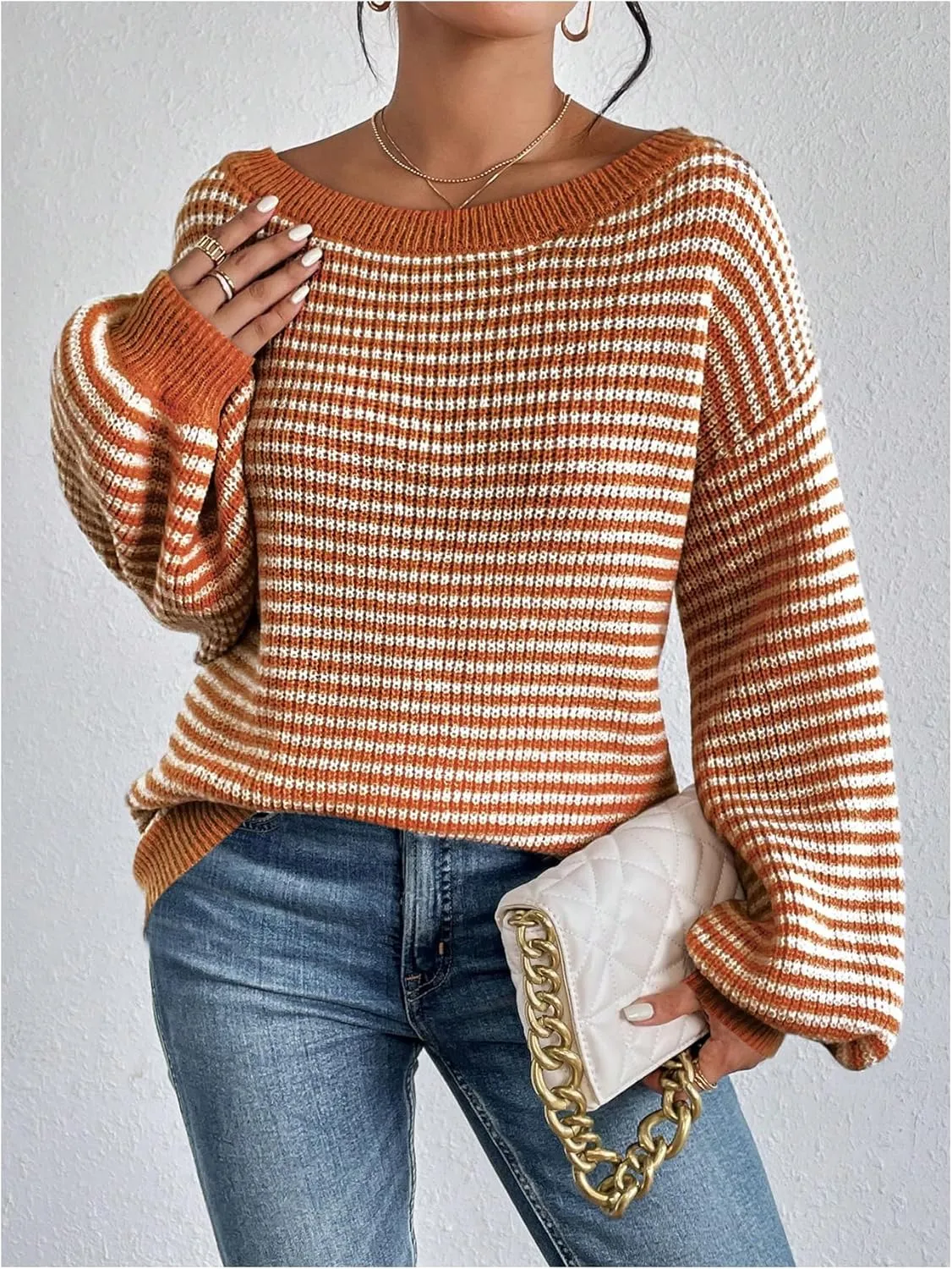 SOLY HUX Women's Off The Shoulder Striped Sweaters Oversized Long Sleeve Knit Pullover Tops