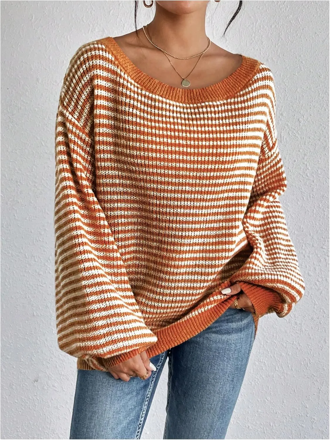 SOLY HUX Women's Off The Shoulder Striped Sweaters Oversized Long Sleeve Knit Pullover Tops