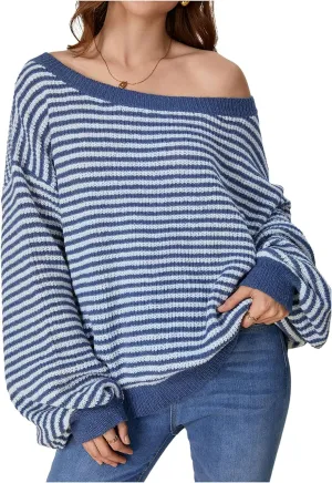 SOLY HUX Women's Off The Shoulder Striped Sweaters Oversized Long Sleeve Knit Pullover Tops