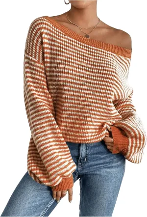 SOLY HUX Women's Off The Shoulder Striped Sweaters Oversized Long Sleeve Knit Pullover Tops