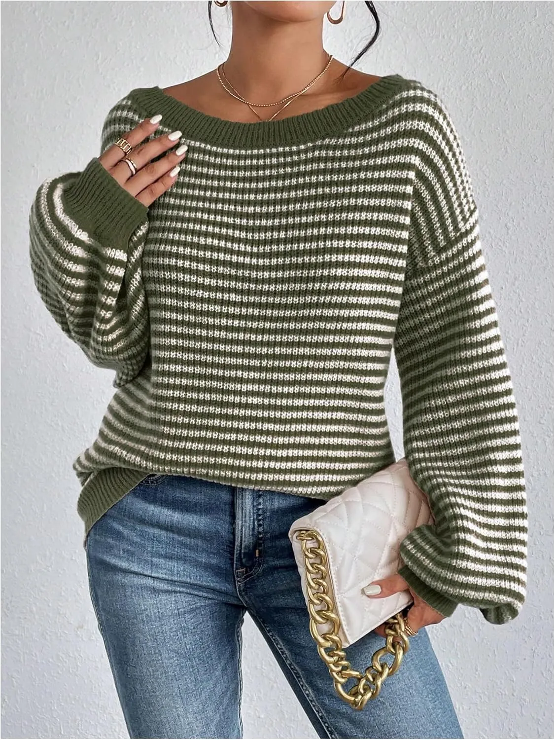SOLY HUX Women's Off The Shoulder Striped Sweaters Oversized Long Sleeve Knit Pullover Tops
