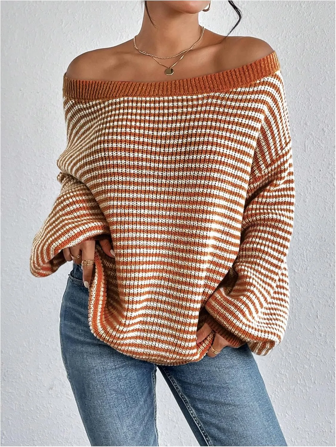 SOLY HUX Women's Off The Shoulder Striped Sweaters Oversized Long Sleeve Knit Pullover Tops