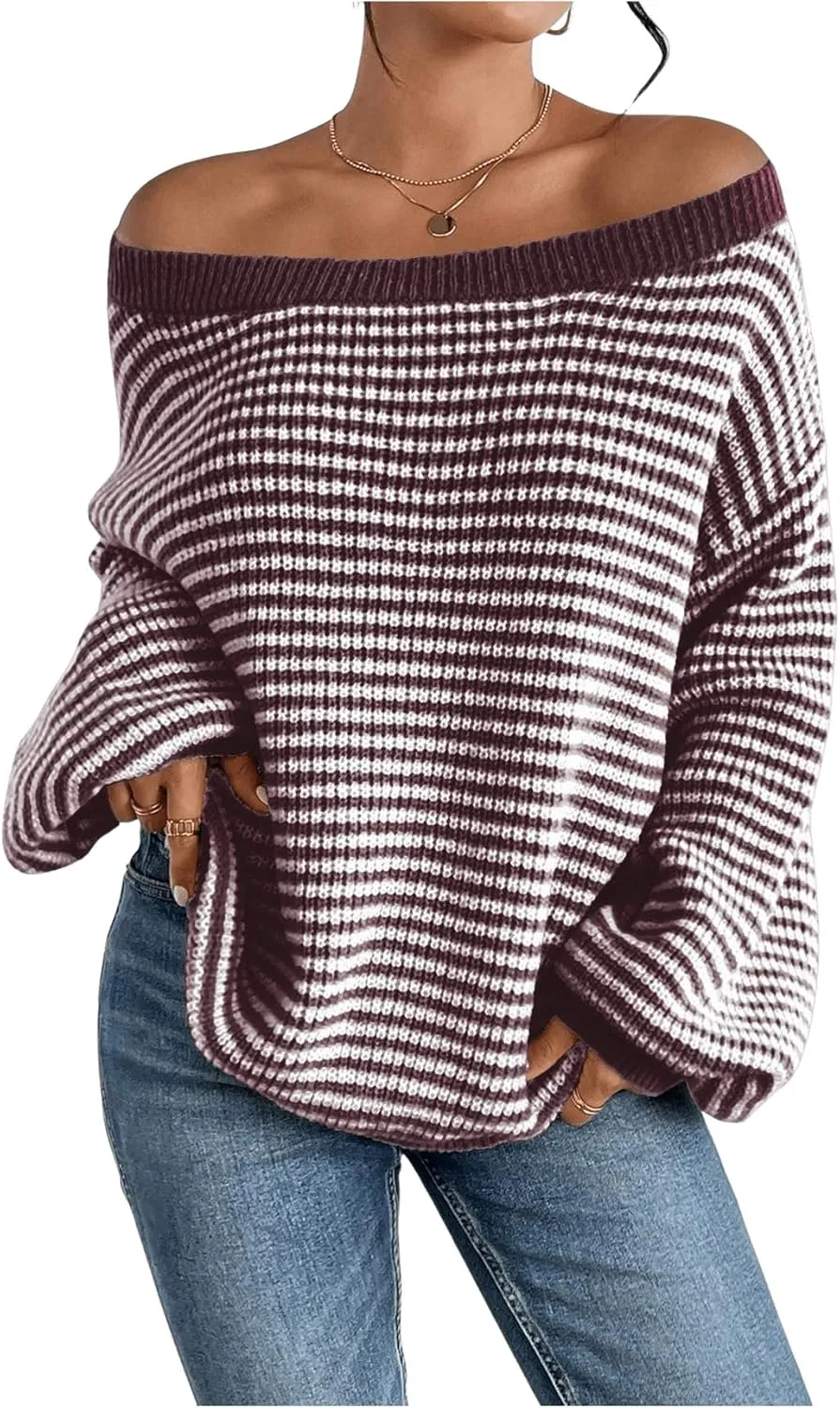 SOLY HUX Women's Off The Shoulder Striped Sweaters Oversized Long Sleeve Knit Pullover Tops