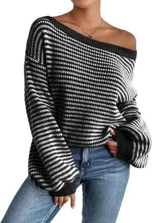 SOLY HUX Women's Off The Shoulder Striped Sweaters Oversized Long Sleeve Knit Pullover Tops