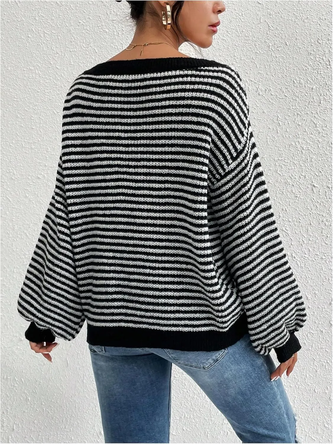 SOLY HUX Women's Off The Shoulder Striped Sweaters Oversized Long Sleeve Knit Pullover Tops