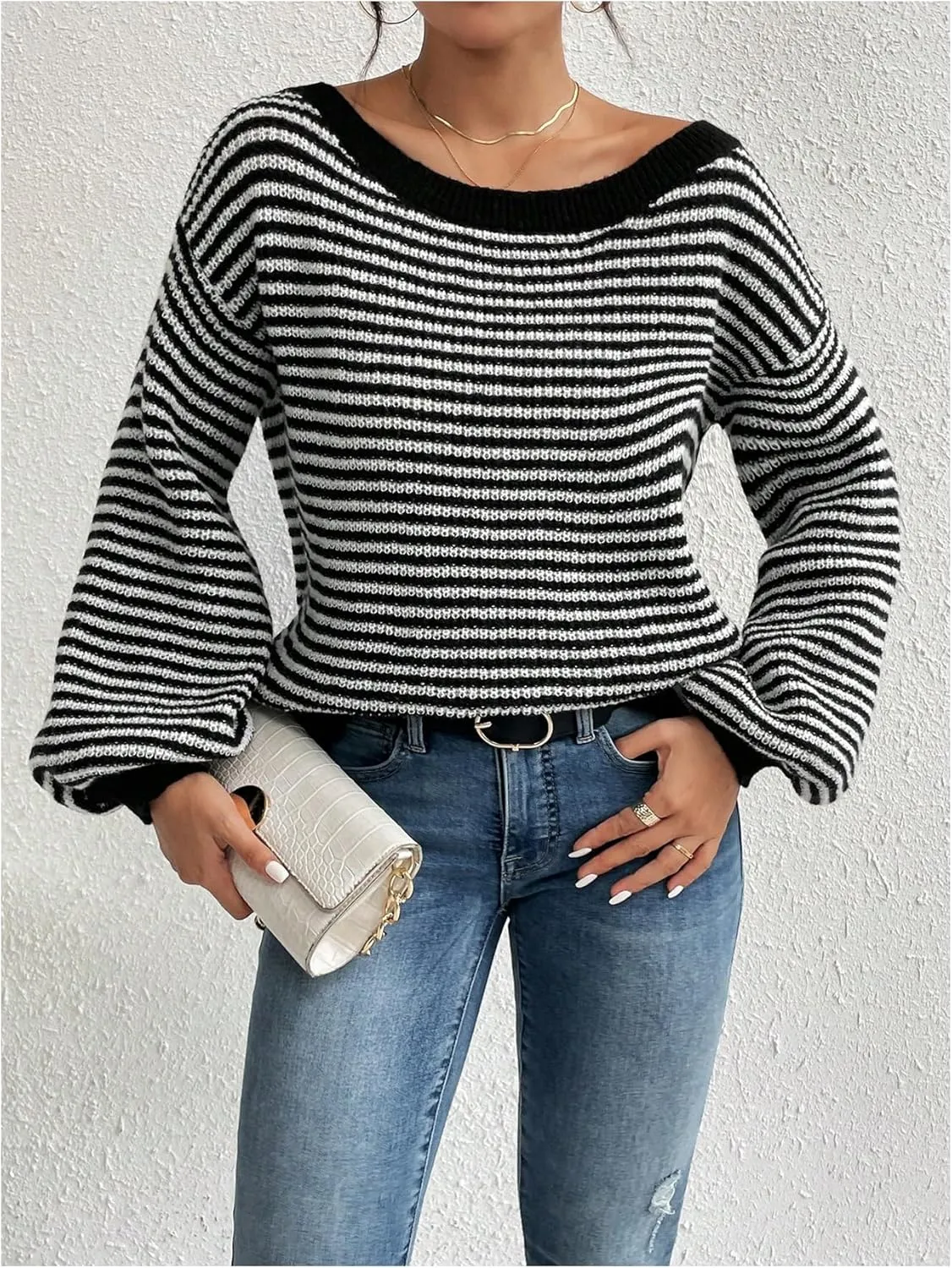SOLY HUX Women's Off The Shoulder Striped Sweaters Oversized Long Sleeve Knit Pullover Tops