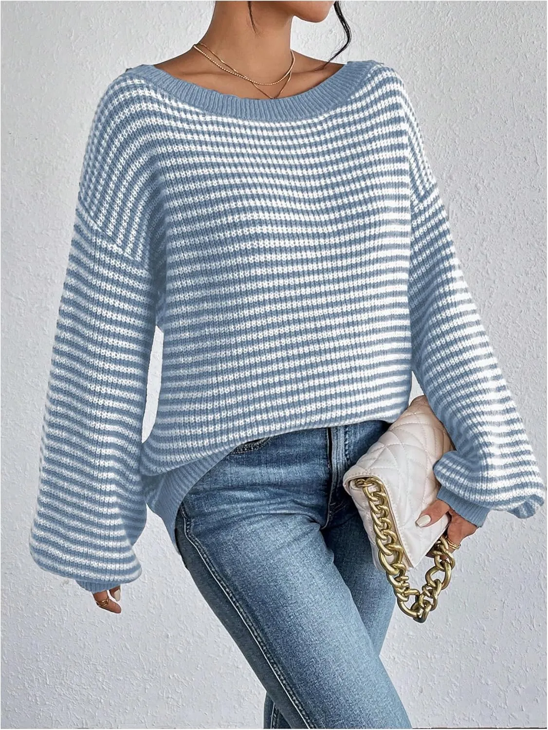 SOLY HUX Women's Off The Shoulder Striped Sweaters Oversized Long Sleeve Knit Pullover Tops