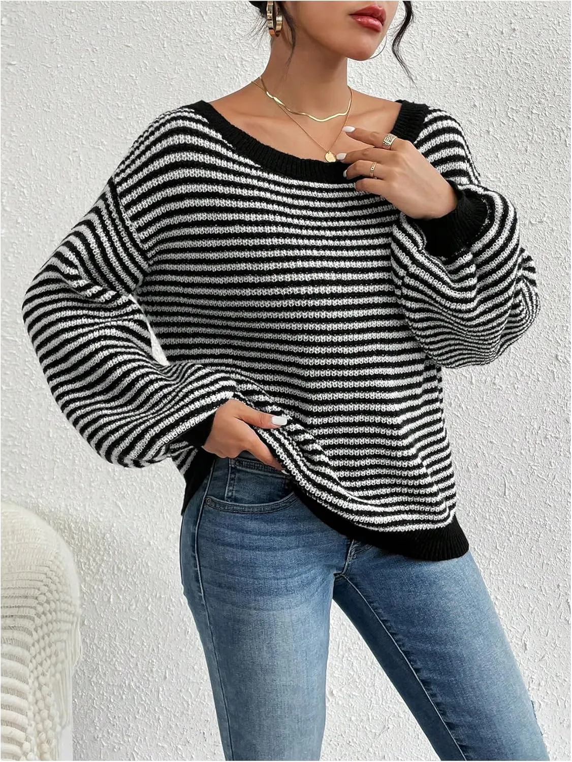 SOLY HUX Women's Off The Shoulder Striped Sweaters Oversized Long Sleeve Knit Pullover Tops