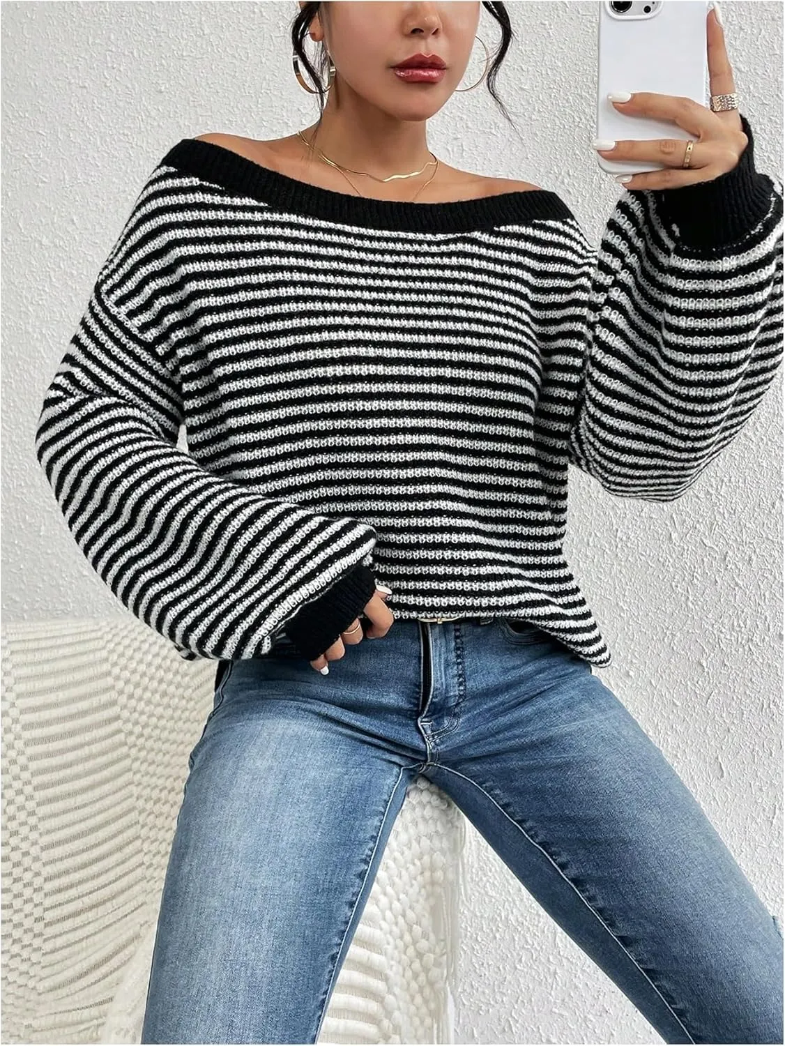 SOLY HUX Women's Off The Shoulder Striped Sweaters Oversized Long Sleeve Knit Pullover Tops