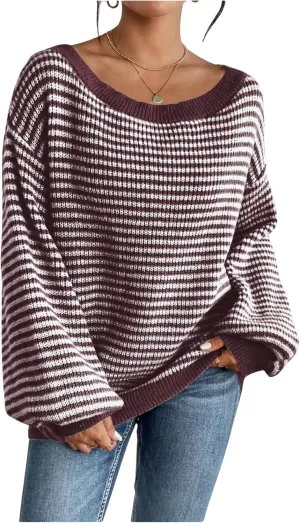 SOLY HUX Women's Off The Shoulder Striped Sweaters Oversized Long Sleeve Knit Pullover Tops