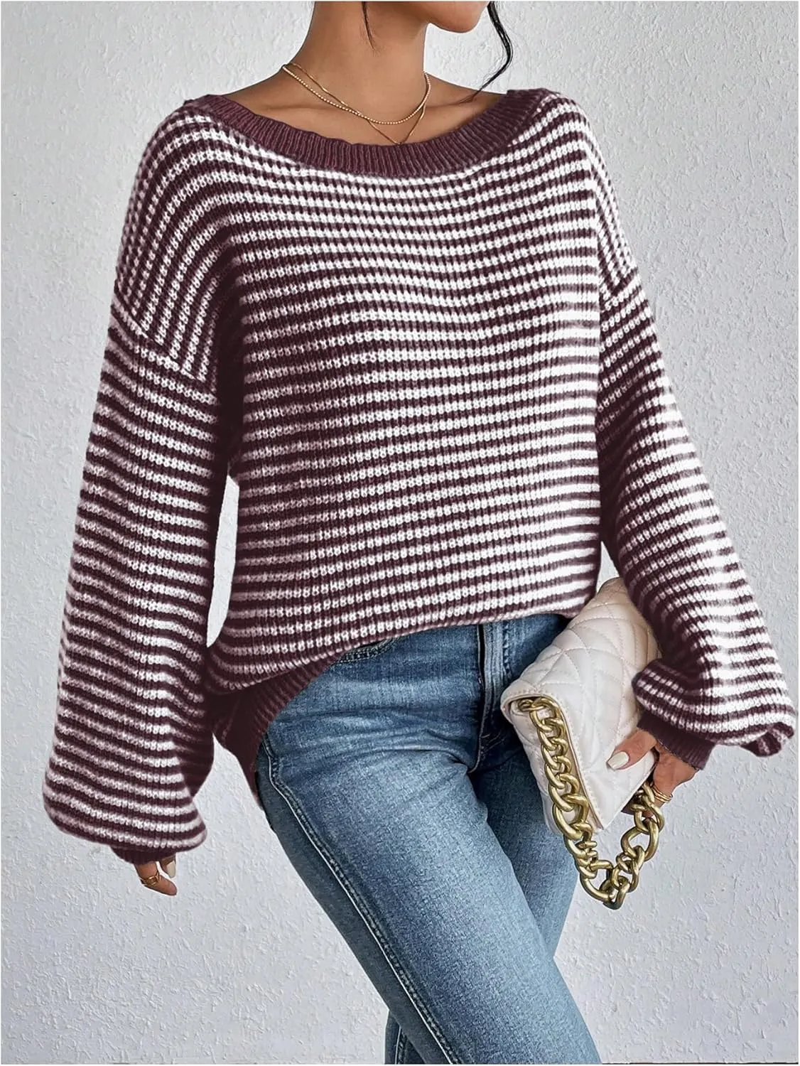 SOLY HUX Women's Off The Shoulder Striped Sweaters Oversized Long Sleeve Knit Pullover Tops