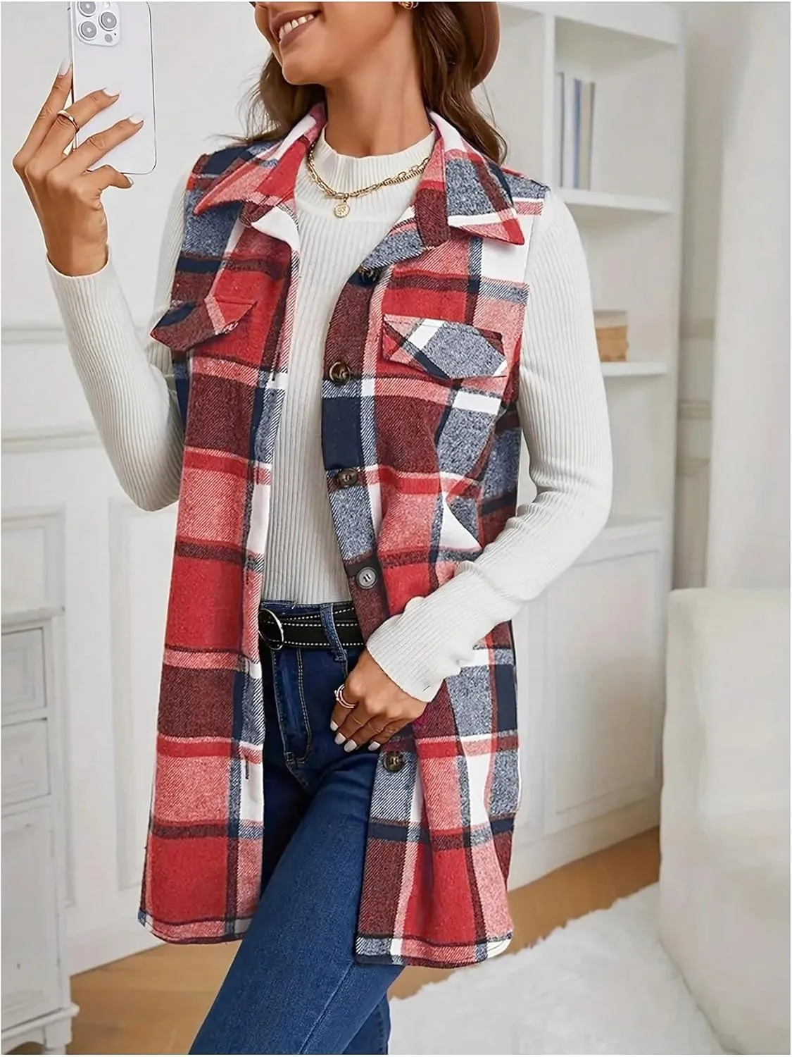 SOLY HUX Women's Plaid Vest Button Down Sleeveless Jacket Casual Outerwear