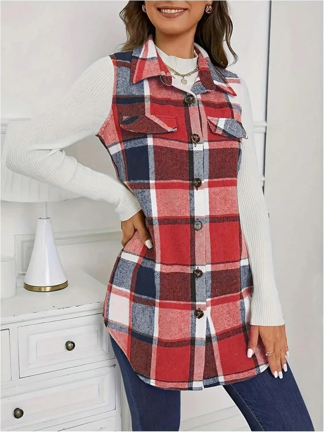 SOLY HUX Women's Plaid Vest Button Down Sleeveless Jacket Casual Outerwear
