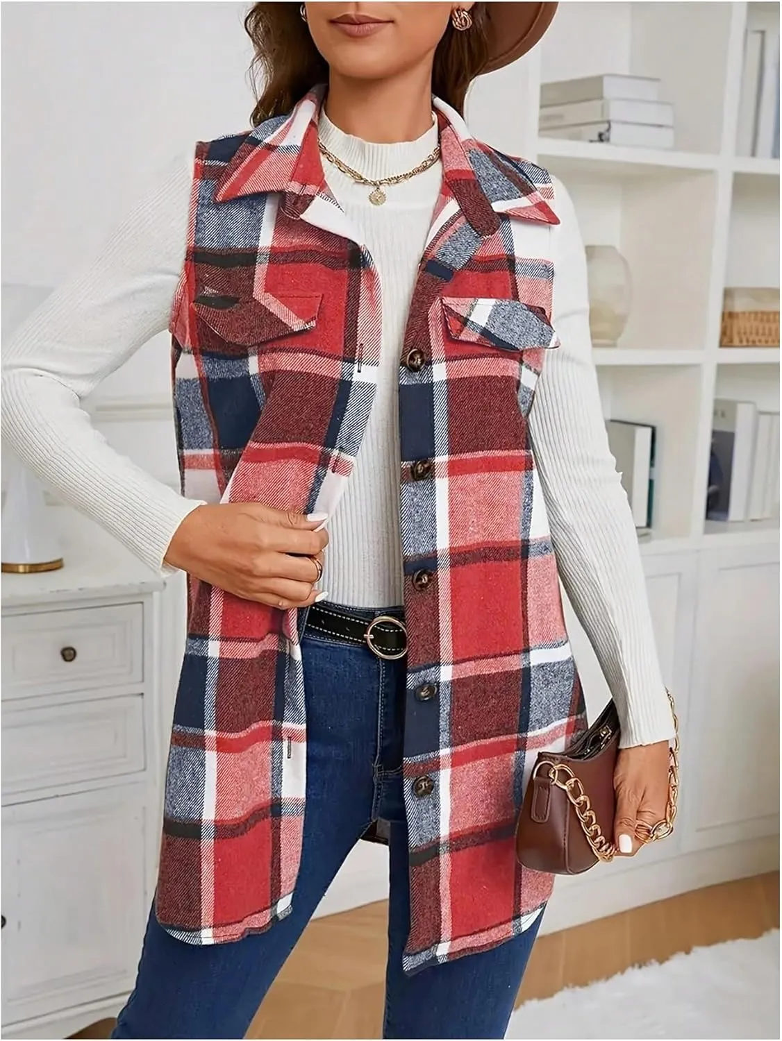 SOLY HUX Women's Plaid Vest Button Down Sleeveless Jacket Casual Outerwear