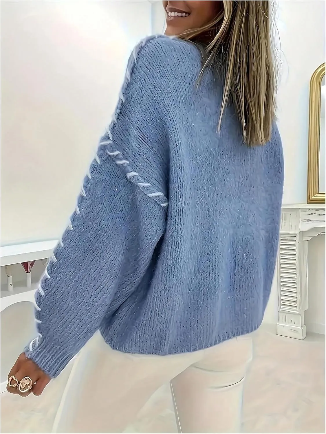 SOLY HUX Women's Sweaters Contrast Binding Crew Neck Drop Shoulder Long Sleeve Knit Sweater Pullover Tops