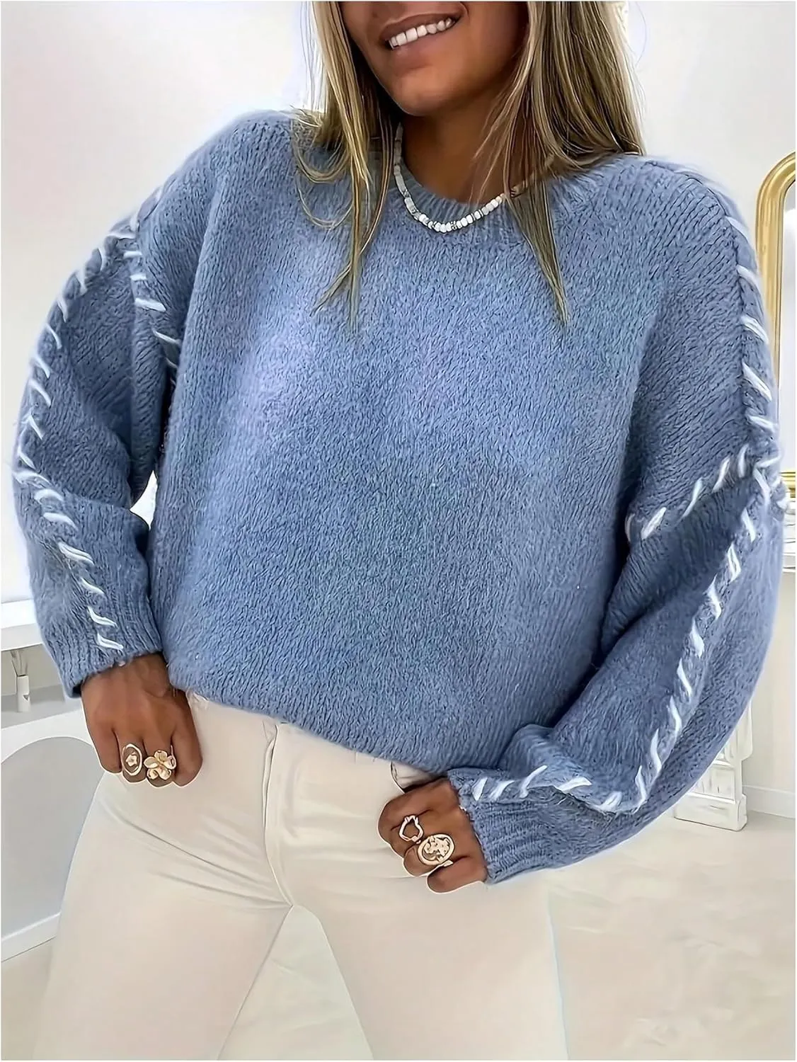SOLY HUX Women's Sweaters Contrast Binding Crew Neck Drop Shoulder Long Sleeve Knit Sweater Pullover Tops
