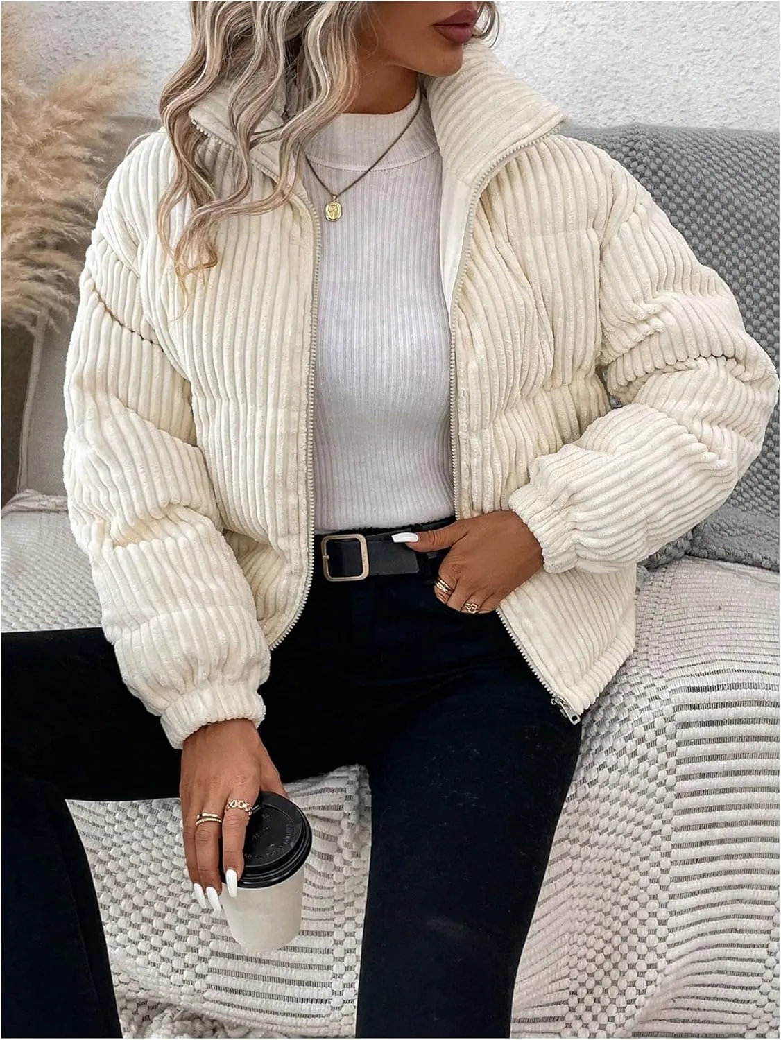 SOLY HUX Women's Zip Up Puffer Jacket Long Sleeve Corduroy Padded Coat Winter Outerwear