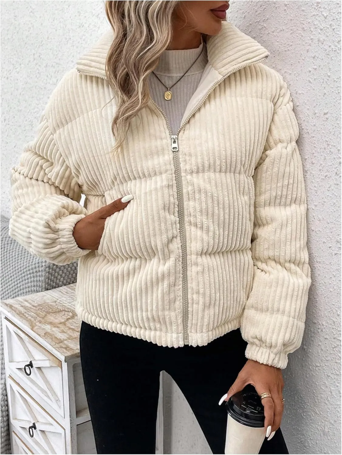 SOLY HUX Women's Zip Up Puffer Jacket Long Sleeve Corduroy Padded Coat Winter Outerwear