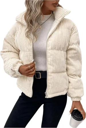 SOLY HUX Women's Zip Up Puffer Jacket Long Sleeve Corduroy Padded Coat Winter Outerwear
