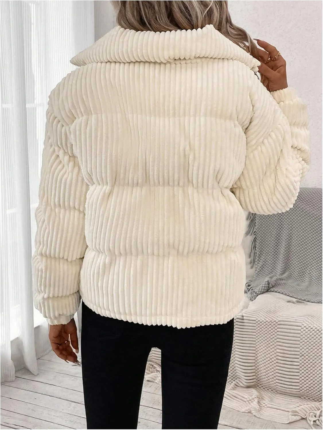 SOLY HUX Women's Zip Up Puffer Jacket Long Sleeve Corduroy Padded Coat Winter Outerwear