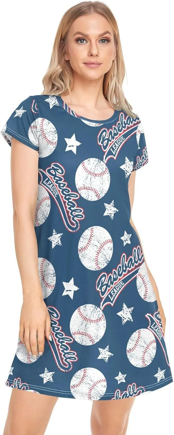 Sport Baseball Nightgowns for Women Short Sleeve Sleepshirt Dress Sleepwear Pajama Dress S-2XL