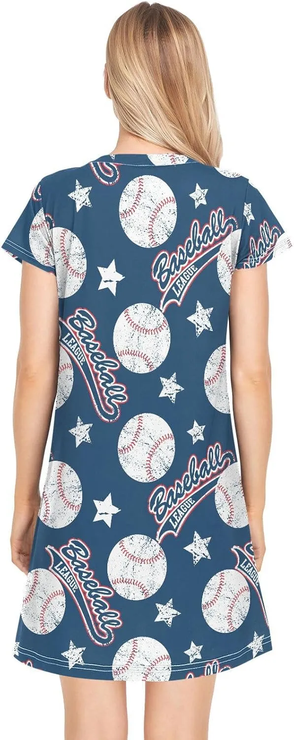Sport Baseball Nightgowns for Women Short Sleeve Sleepshirt Dress Sleepwear Pajama Dress S-2XL
