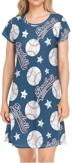Sport Baseball Nightgowns for Women Short Sleeve Sleepshirt Dress Sleepwear Pajama Dress S-2XL