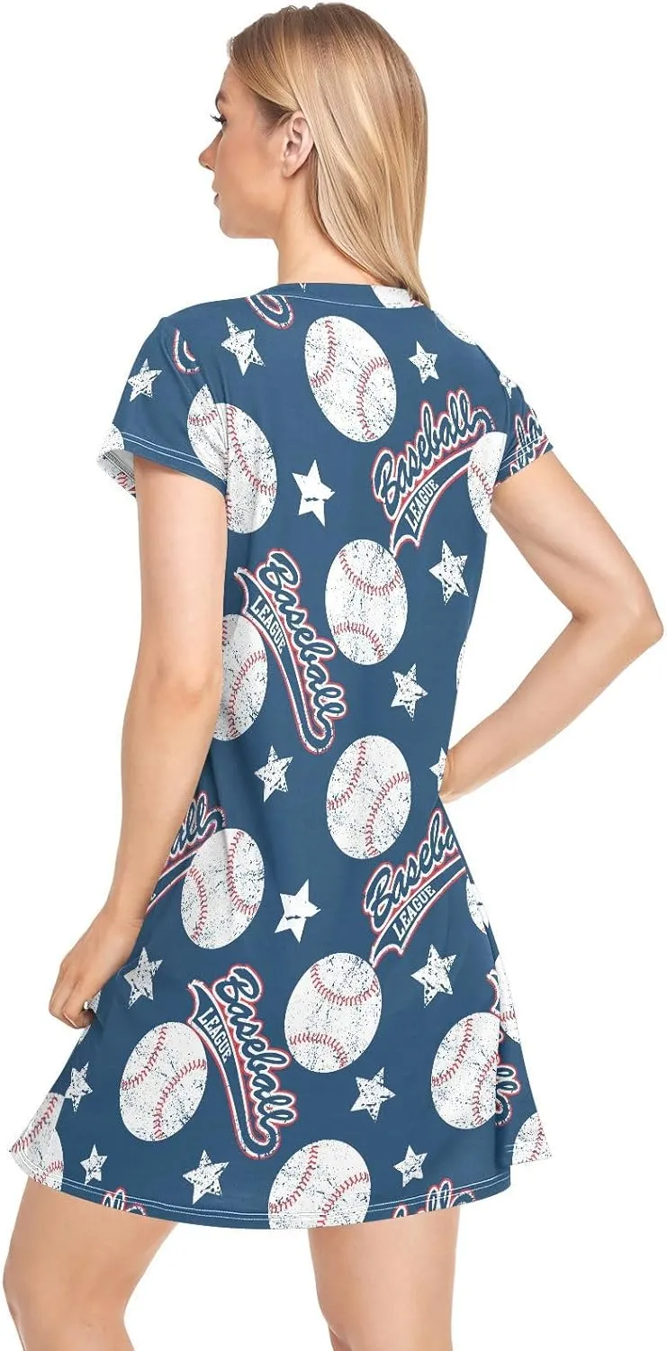 Sport Baseball Nightgowns for Women Short Sleeve Sleepshirt Dress Sleepwear Pajama Dress S-2XL
