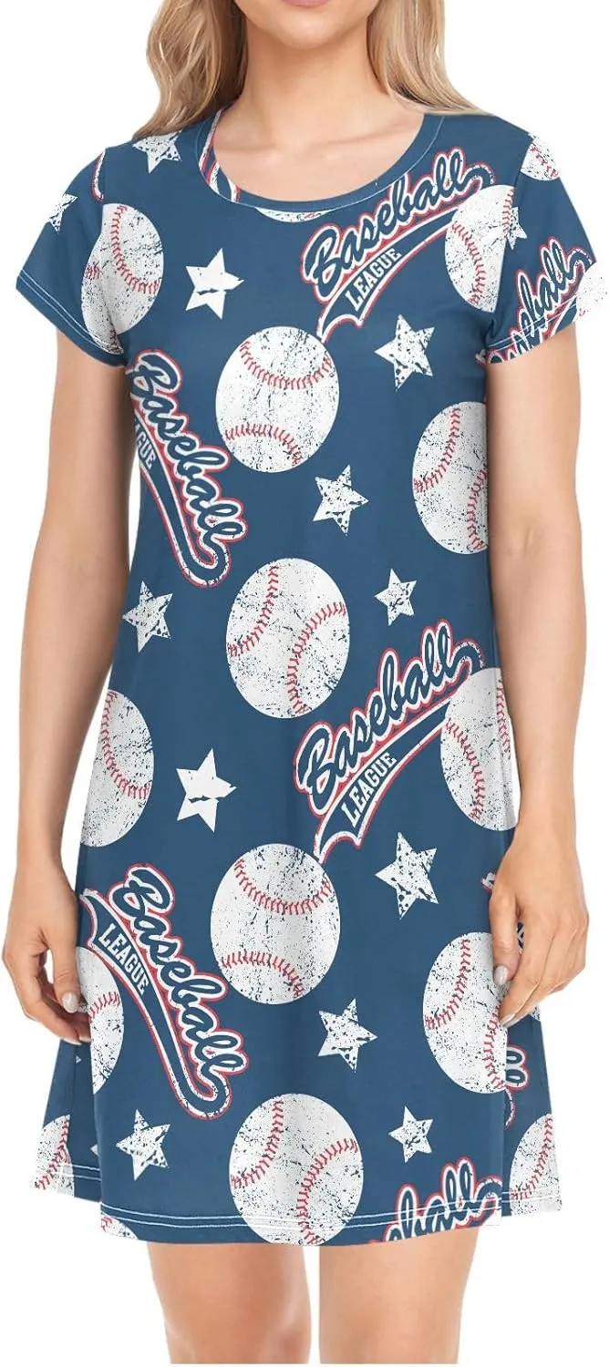 Sport Baseball Nightgowns for Women Short Sleeve Sleepshirt Dress Sleepwear Pajama Dress S-2XL