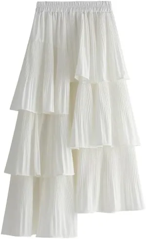 Spring and Autumn Korean Asymmetrical Pleated Cake Skirt Women's Versatile Ruffled Irregular Princess Skirt Midi Skirt