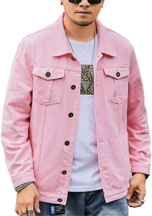 Spring and Autumn Men's Pink Denim Jacket Fashion Casual Loose Cotton Denim Jacket Men and Women Can Wear