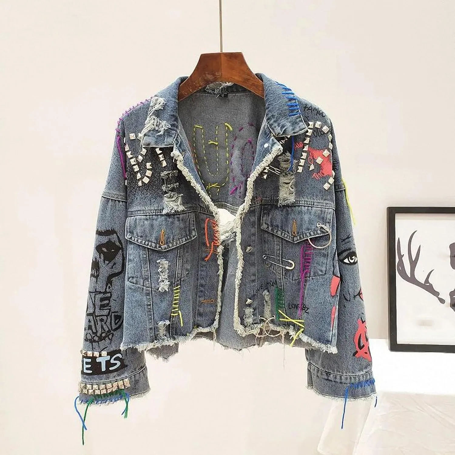Spring Autumn Women Street Graffiti Denim Jacket Female Short Frayed Raw Cut Rivet Jacket Fringe Jean Coat Outwear