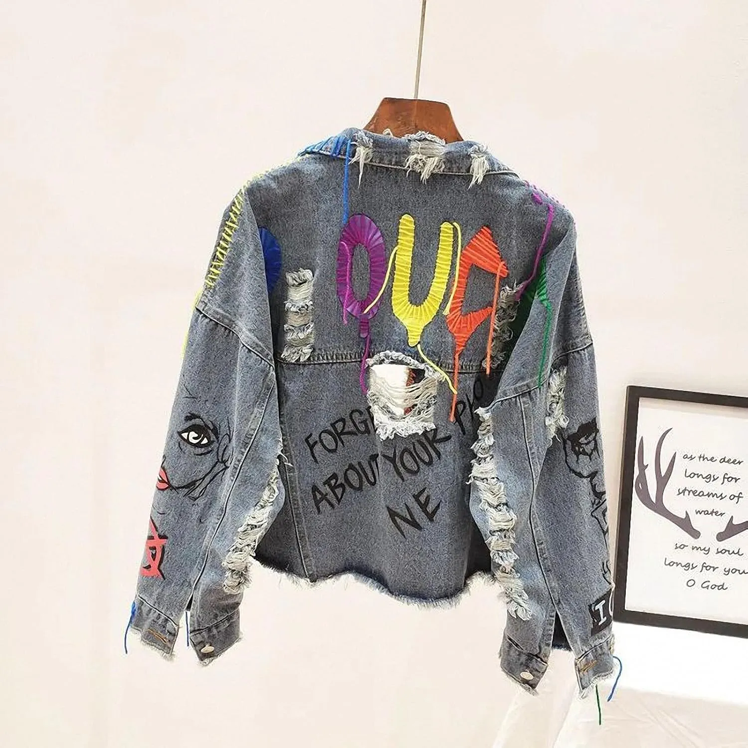Spring Autumn Women Street Graffiti Denim Jacket Female Short Frayed Raw Cut Rivet Jacket Fringe Jean Coat Outwear