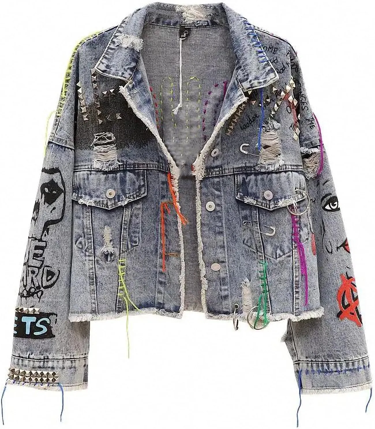 Spring Autumn Women Street Graffiti Denim Jacket Female Short Frayed Raw Cut Rivet Jacket Fringe Jean Coat Outwear