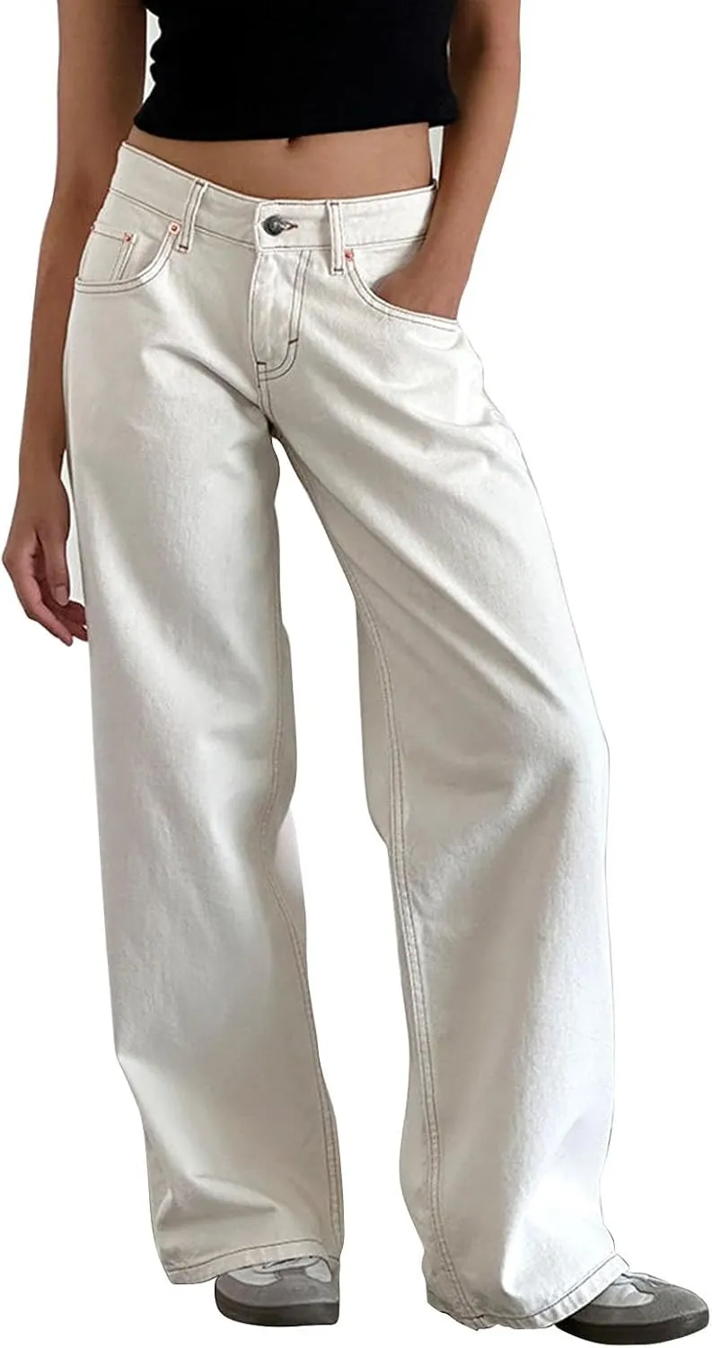 Straight Leg Jeans for Women, Womens Baggy Jeans High Waisted Trendy Cargo Trousers Summer Stretchy Petite Baggy