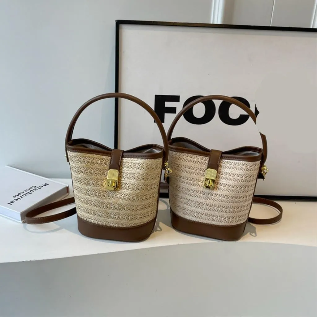 Straw Purse Beach Leisure Straw Handbag Shoulder Bag Retro Bucket Bag Versatile Crossbody Bag Straw Purses