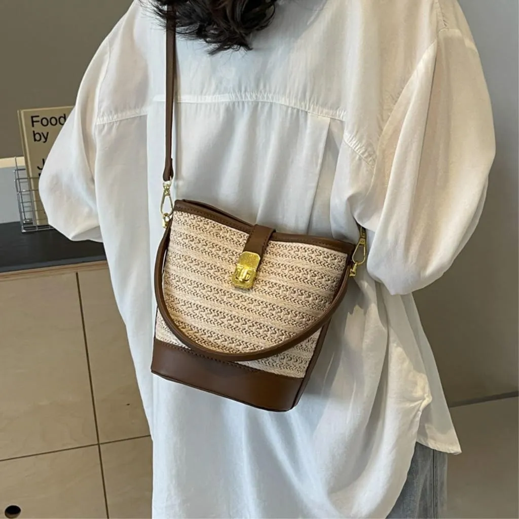 Straw Purse Beach Leisure Straw Handbag Shoulder Bag Retro Bucket Bag Versatile Crossbody Bag Straw Purses