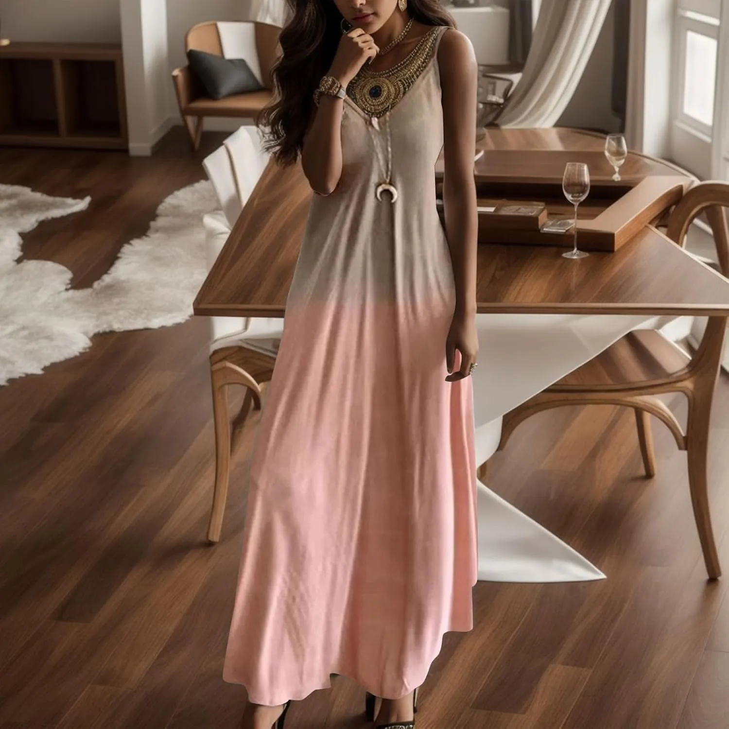 Stylish Women's Maxi Dress Casual Sleeveless V Neck Camisole Tank Long Print Dress for Everyday Wear