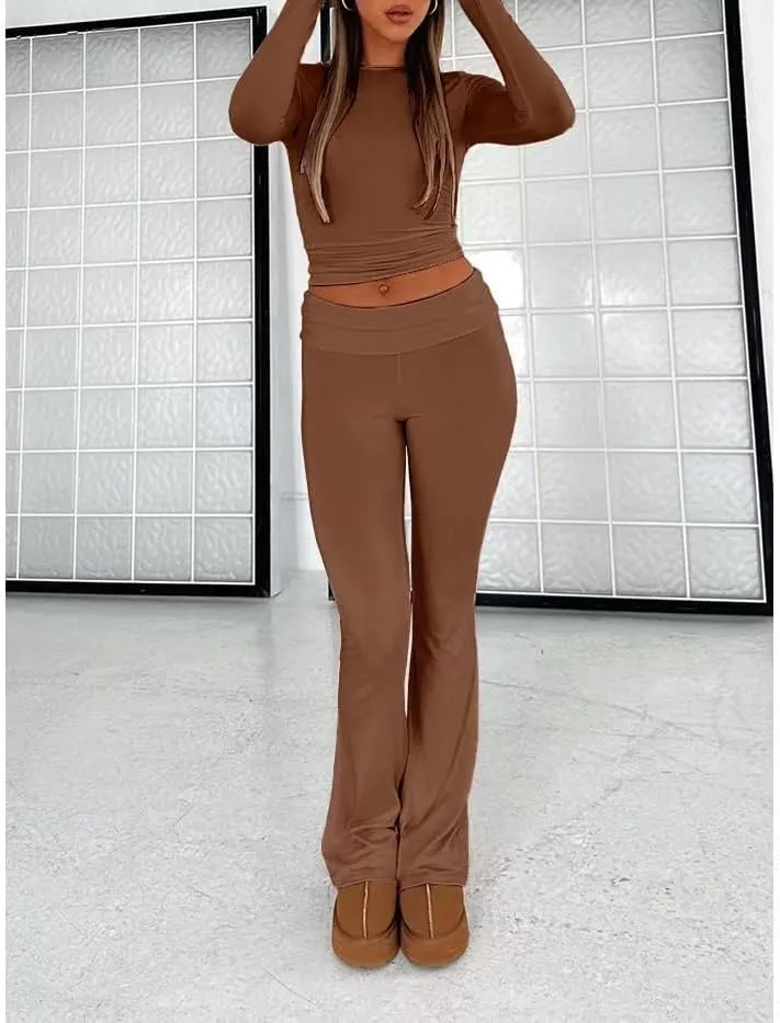 Sumleno Women Y2k Skinny Pants Flare Leggings Low Rise Fold Over Waist Bootcut Stretchy Yoga Sweatpants Lounge Streetwear