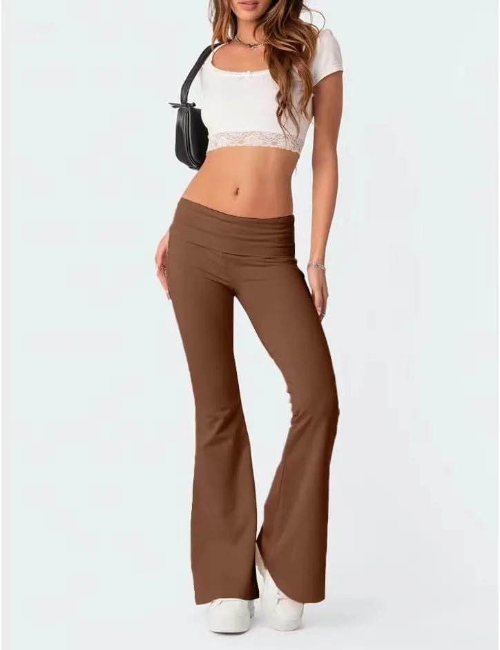 Sumleno Women Y2k Skinny Pants Flare Leggings Low Rise Fold Over Waist Bootcut Stretchy Yoga Sweatpants Lounge Streetwear