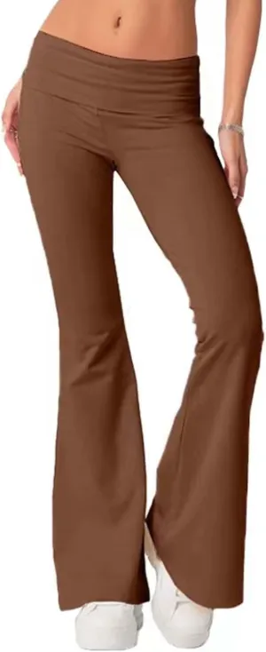 Sumleno Women Y2k Skinny Pants Flare Leggings Low Rise Fold Over Waist Bootcut Stretchy Yoga Sweatpants Lounge Streetwear